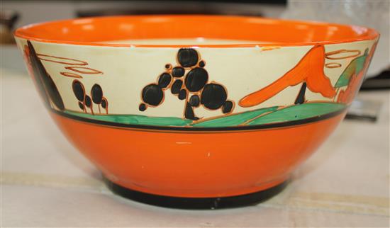 A Clarice Cliff house and trees pattern bowl, diameter 22cm (8.7in.)